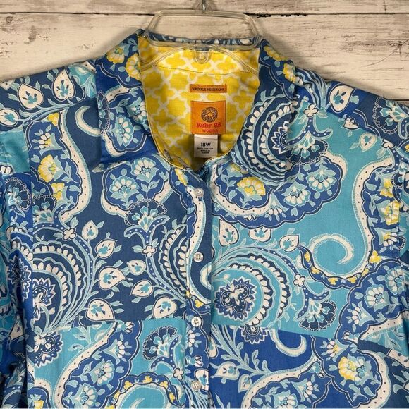 Ruby Rd. Wrinkle Resistant Turquoise Yellow Cotton Button Front Blouse 18 - Picture 4 of 7